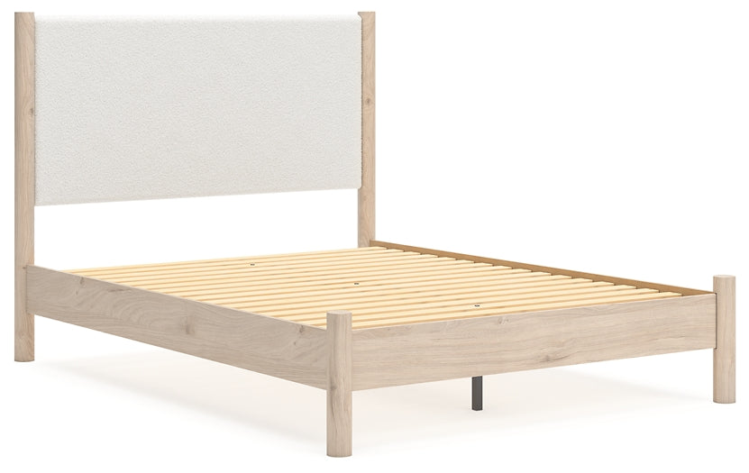 Queen Upholstered Panel Bed with Mirrored Dresser