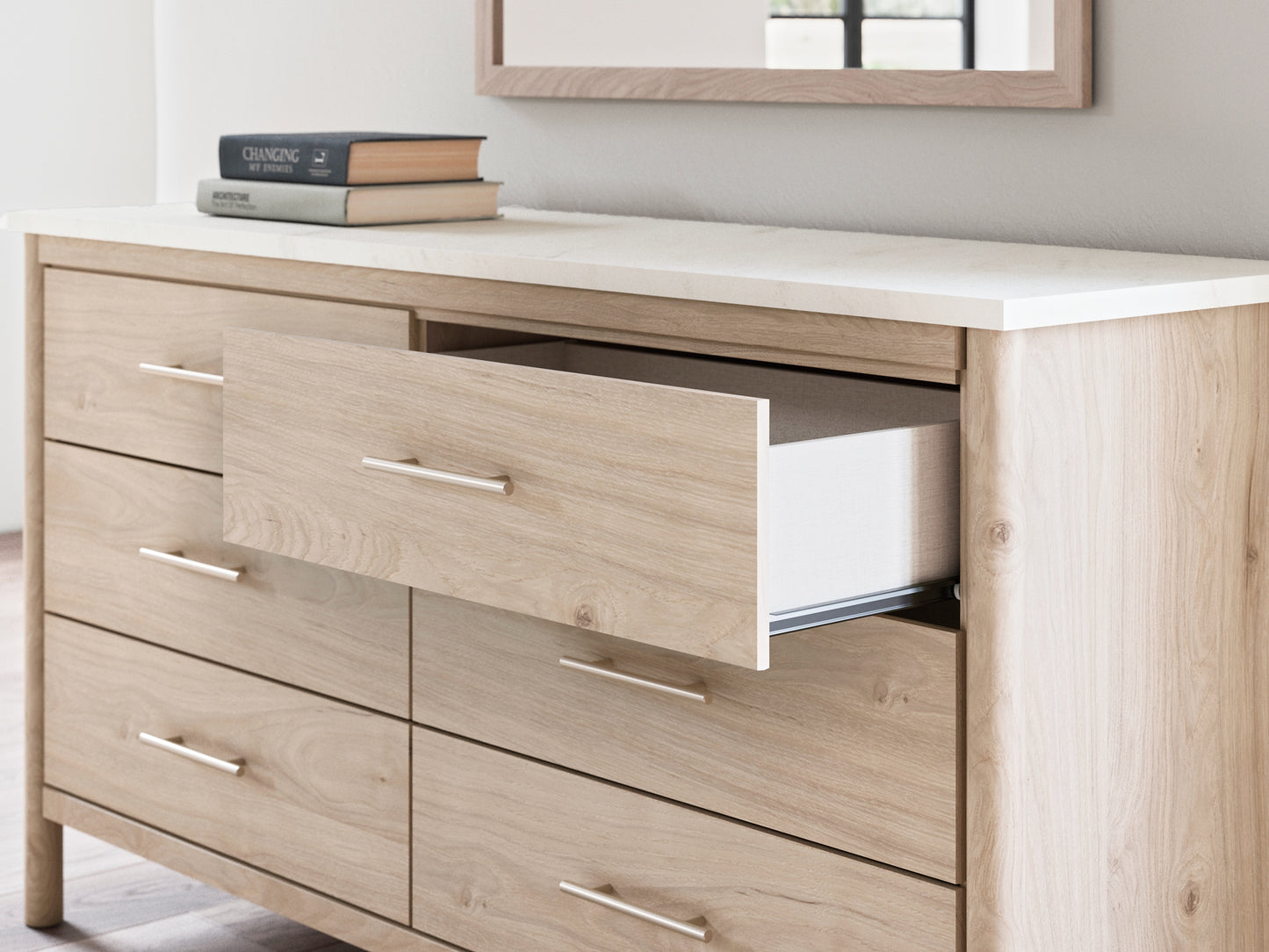 Queen Upholstered Panel Bed with Mirrored Dresser