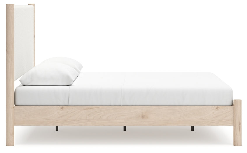Queen Upholstered Panel Bed with Mirrored Dresser