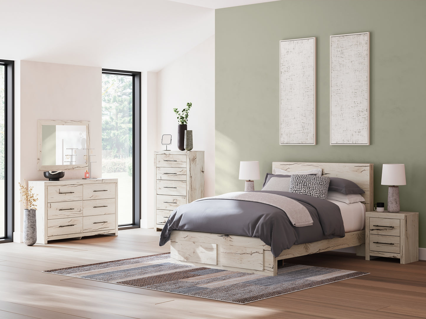 Queen Panel Storage Bed with Mirrored Dresser