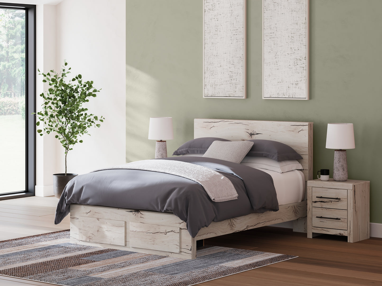 Queen Panel Storage Bed with Mirrored Dresser