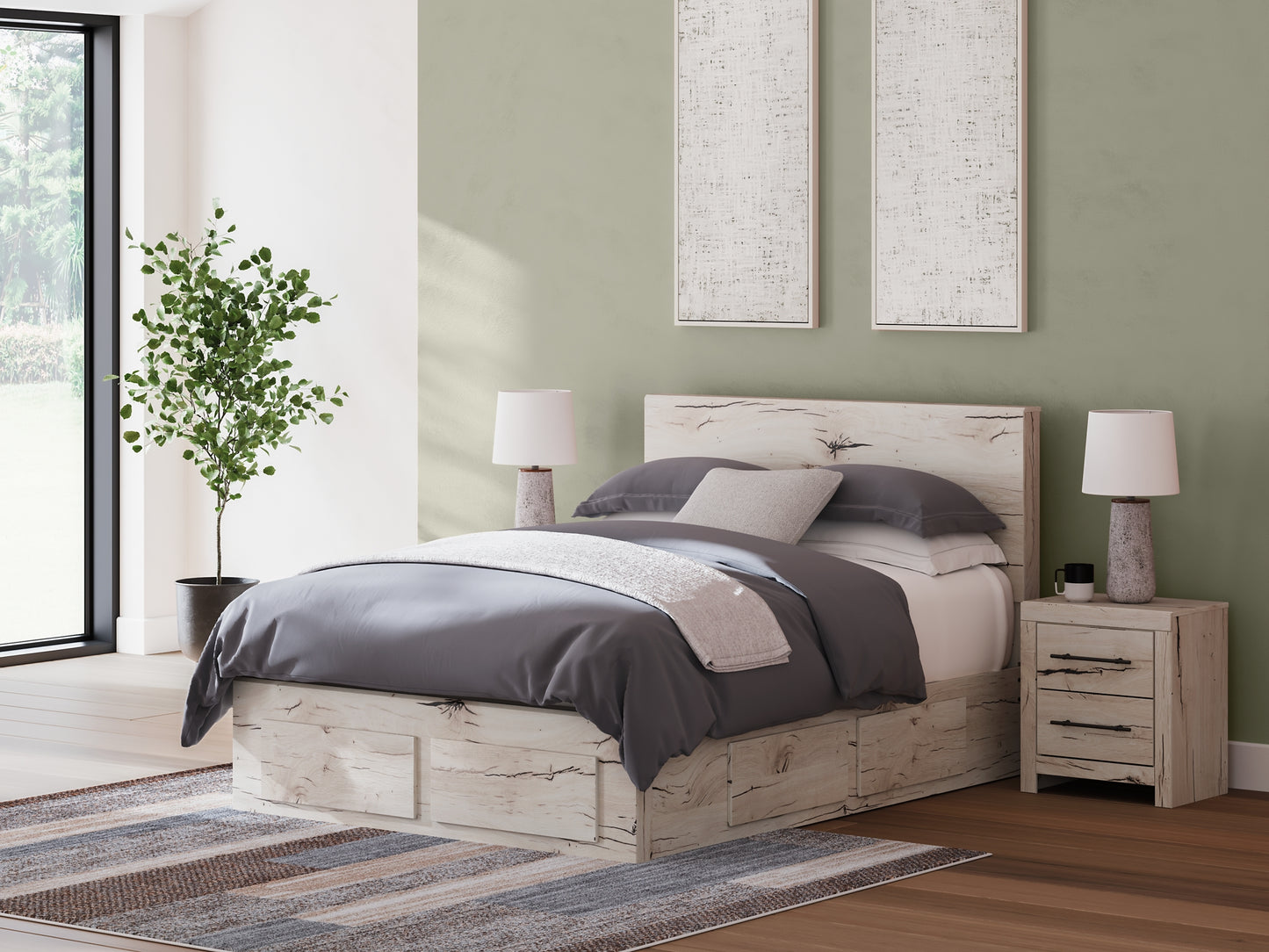 Queen Panel Storage Bed with Mirrored Dresser