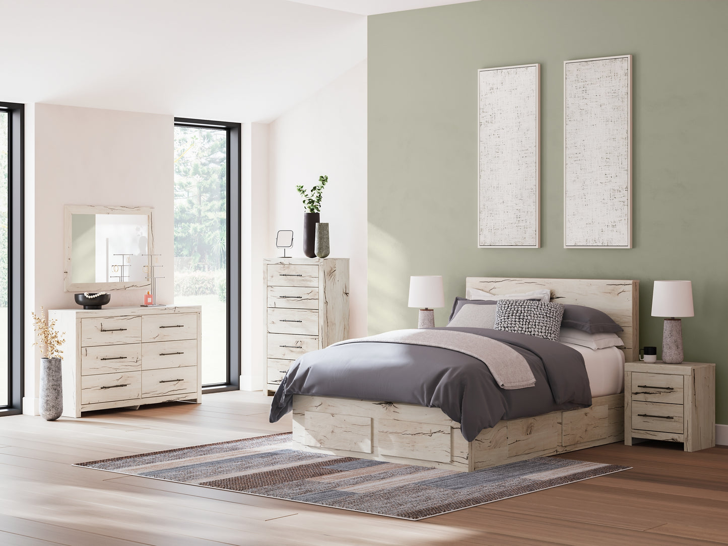 Queen Panel Storage Bed with Mirrored Dresser