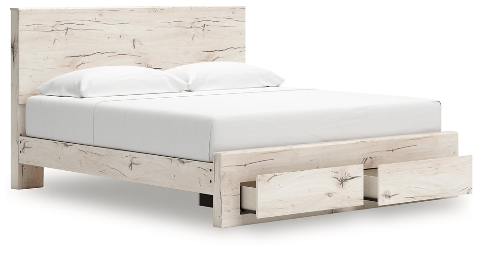 King Panel Storage Bed with Mirrored Dresser and Nightstand