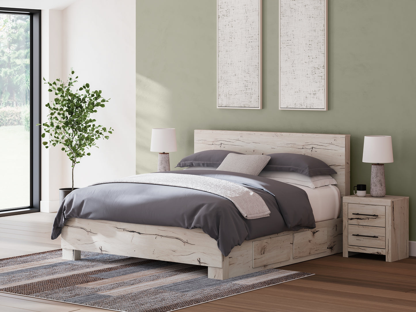 King Panel Bed with Mirrored Dresser and Nightstand