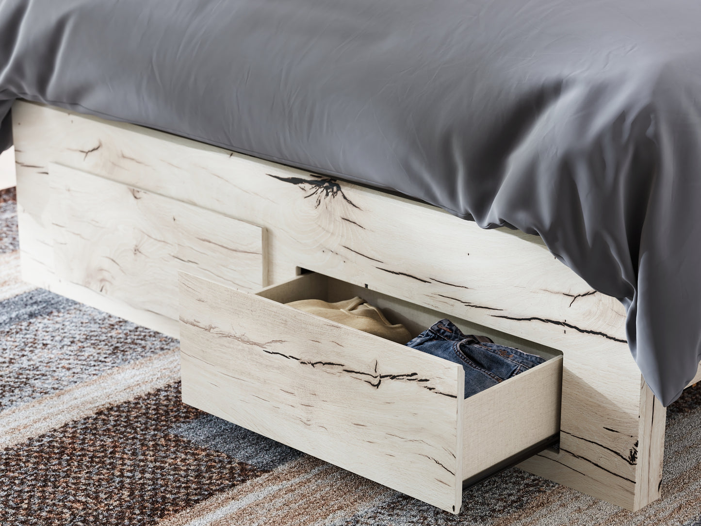 Queen Panel Storage Bed with Mirrored Dresser and Nightstand
