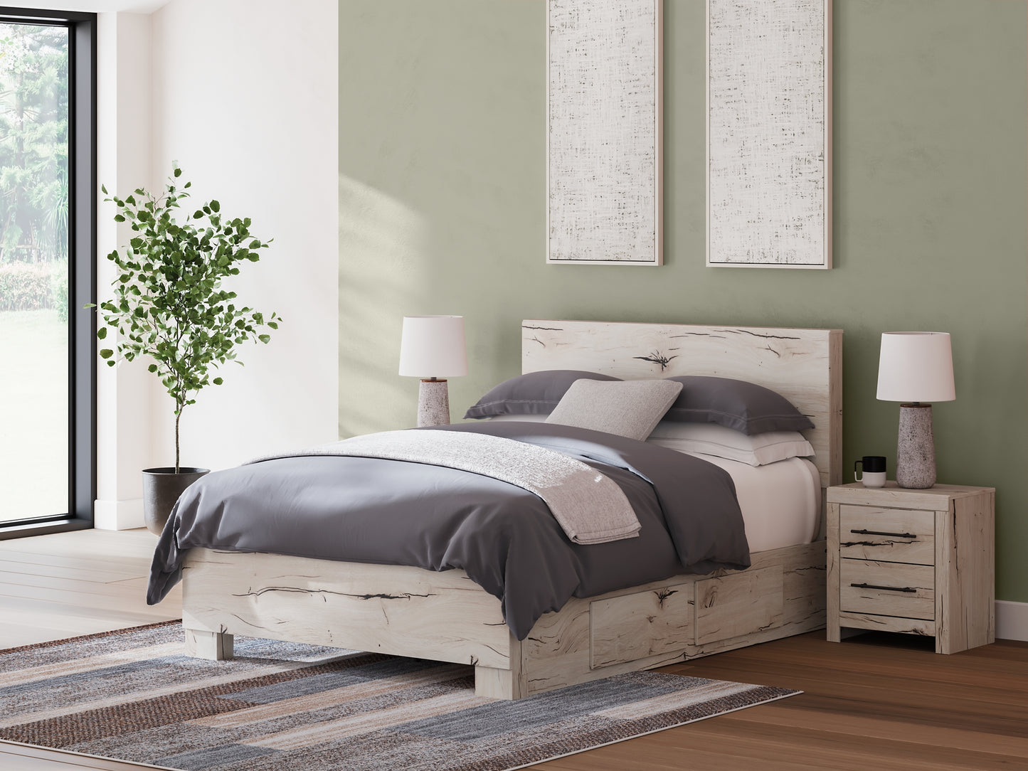 Queen Panel Bed with Mirrored Dresser and Nightstand