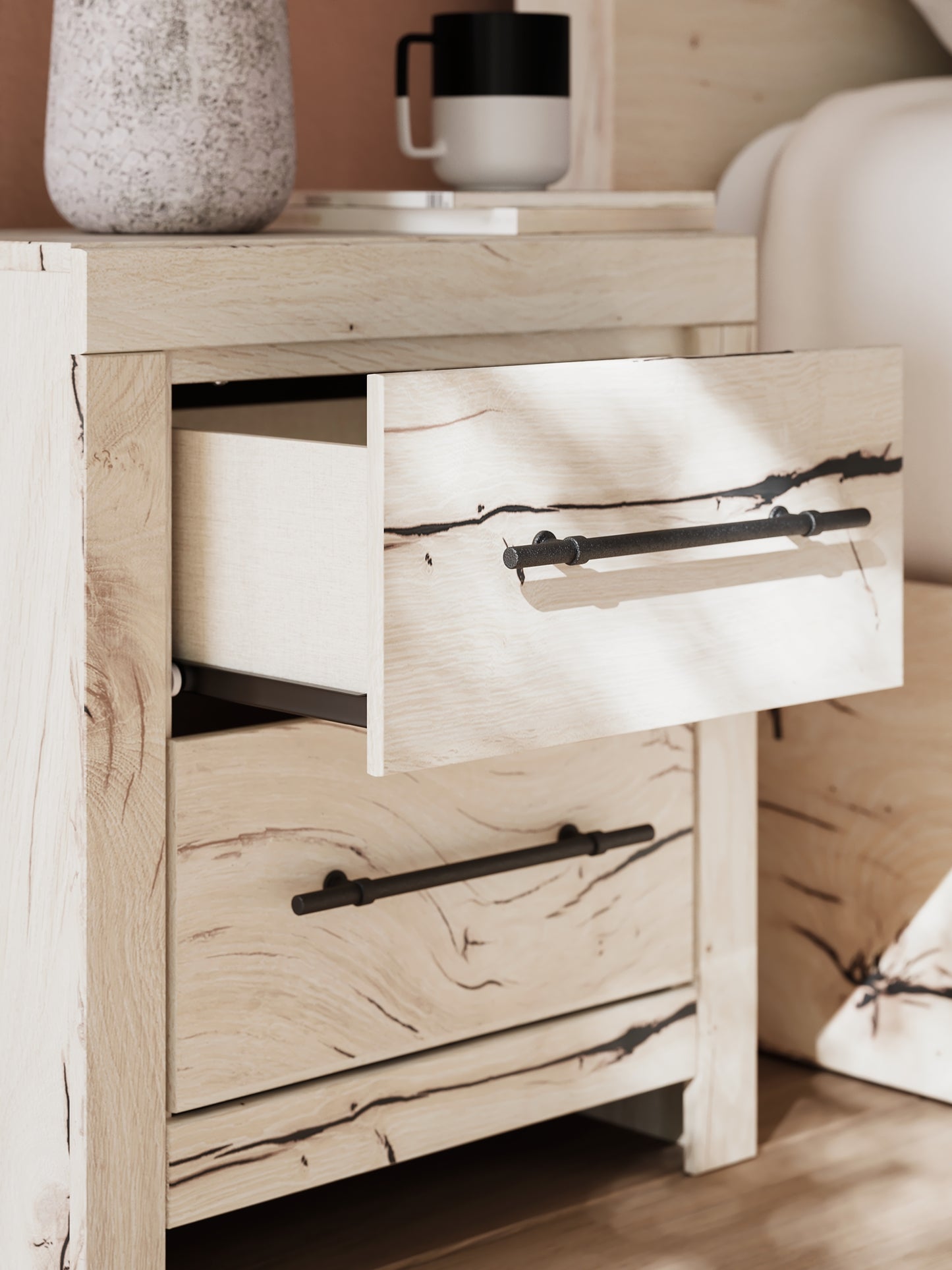 Full Panel Storage Bed with Mirrored Dresser and Nightstand