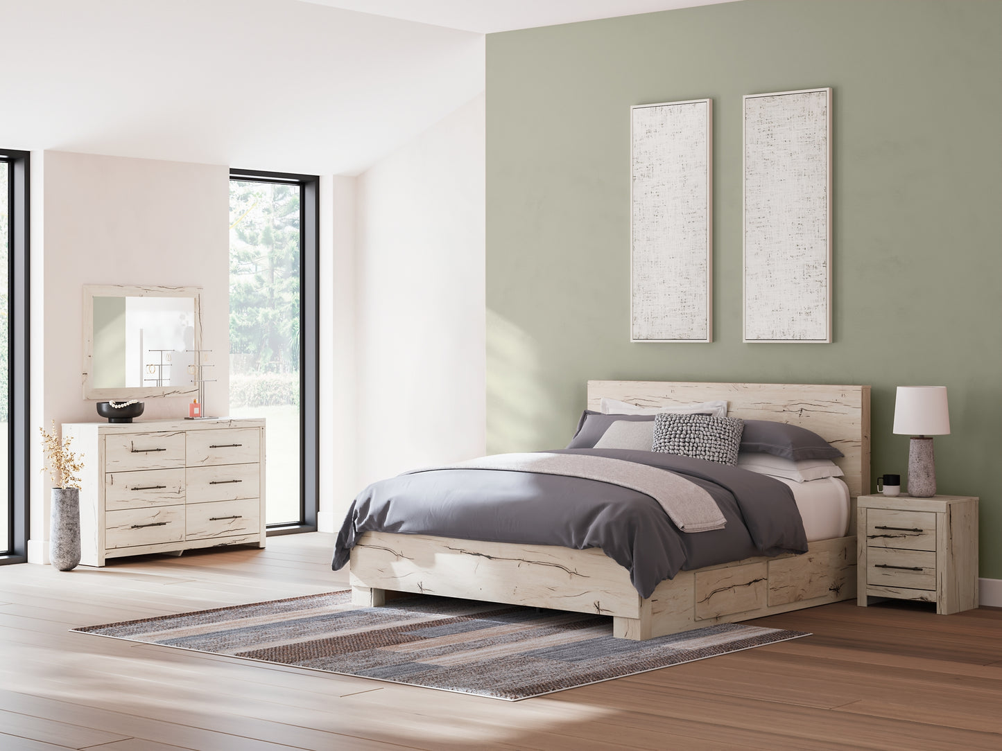 King Panel Bed with Mirrored Dresser and Nightstand