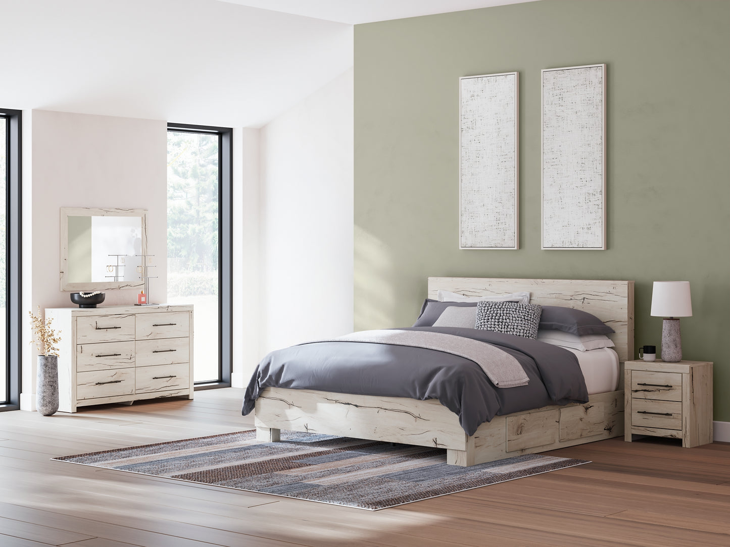 King Panel Bed with Mirrored Dresser and Nightstand