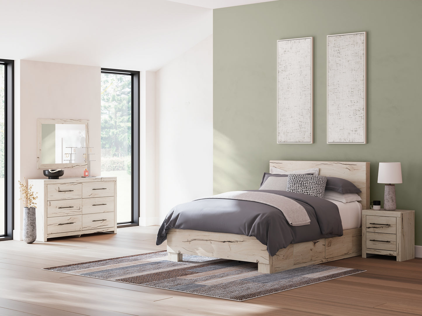 Queen Panel Bed with Mirrored Dresser and Nightstand