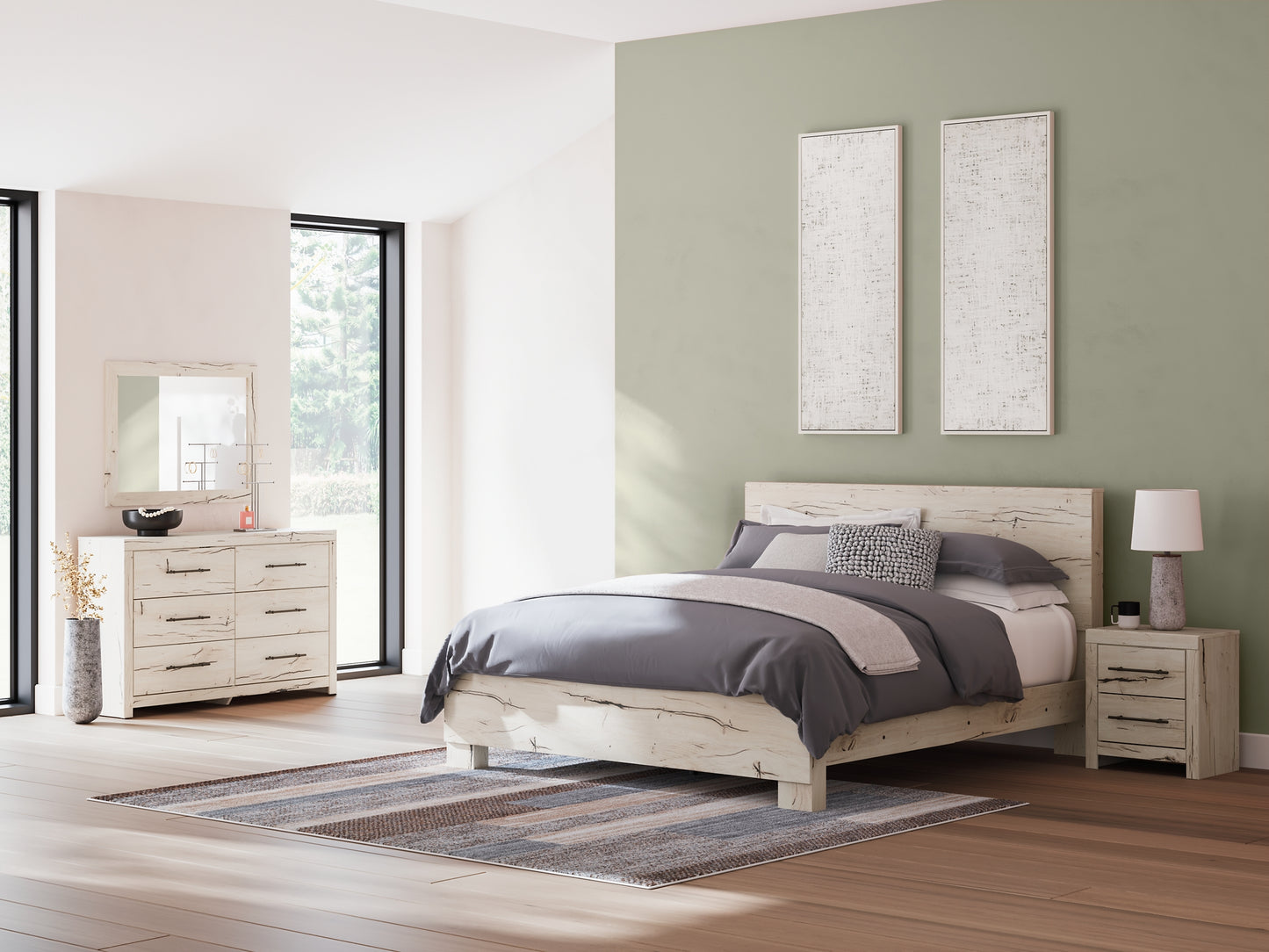 King Panel Bed with Mirrored Dresser and Nightstand