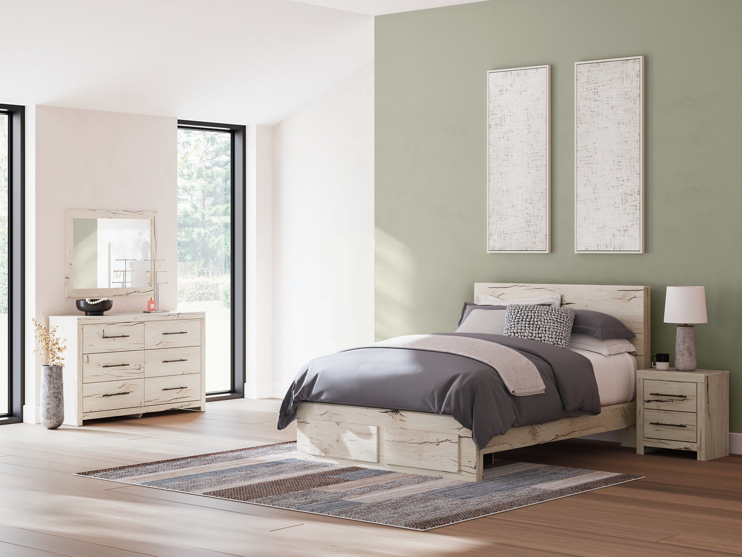 Queen Panel Storage Bed with Mirrored Dresser and Nightstand