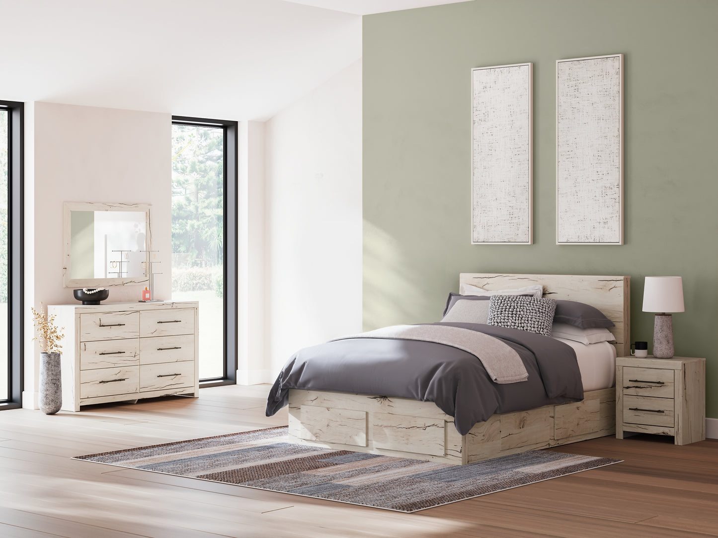 Queen Panel Storage Bed with Mirrored Dresser and Nightstand