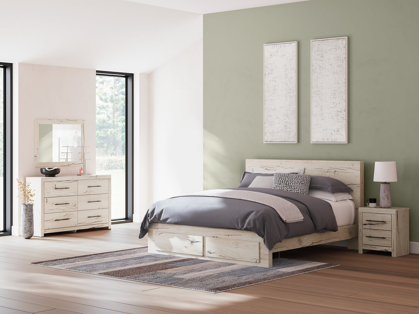 King Panel Storage Bed with Mirrored Dresser and Nightstand