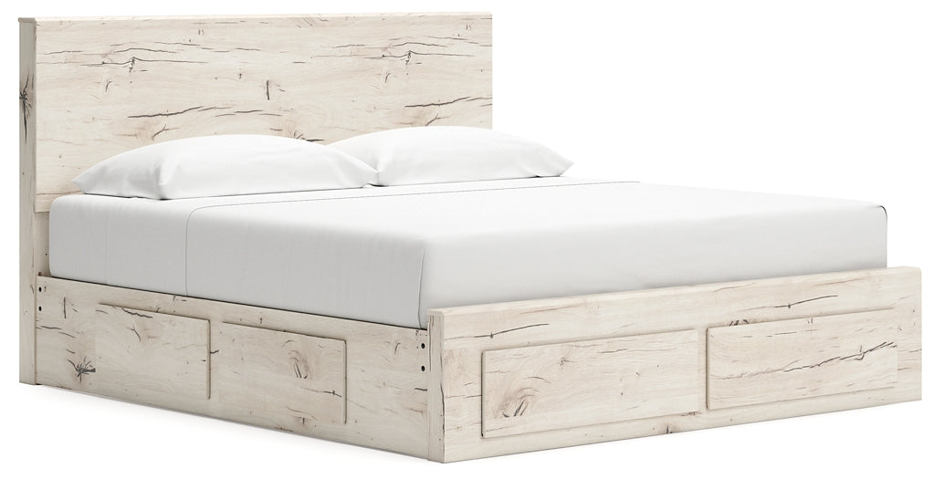 King Panel Storage Bed with Mirrored Dresser and Nightstand