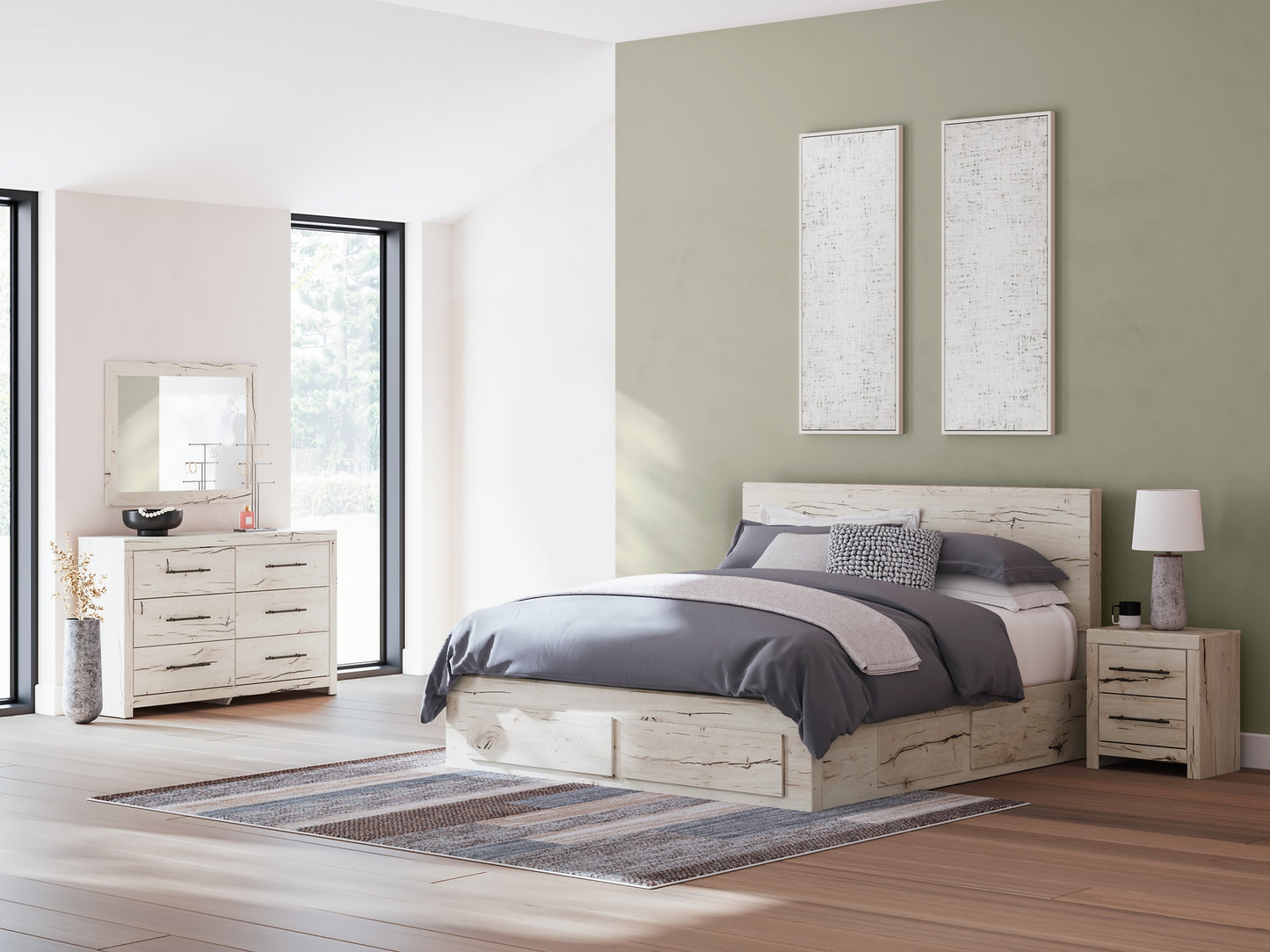 King Panel Storage Bed with Mirrored Dresser and Nightstand