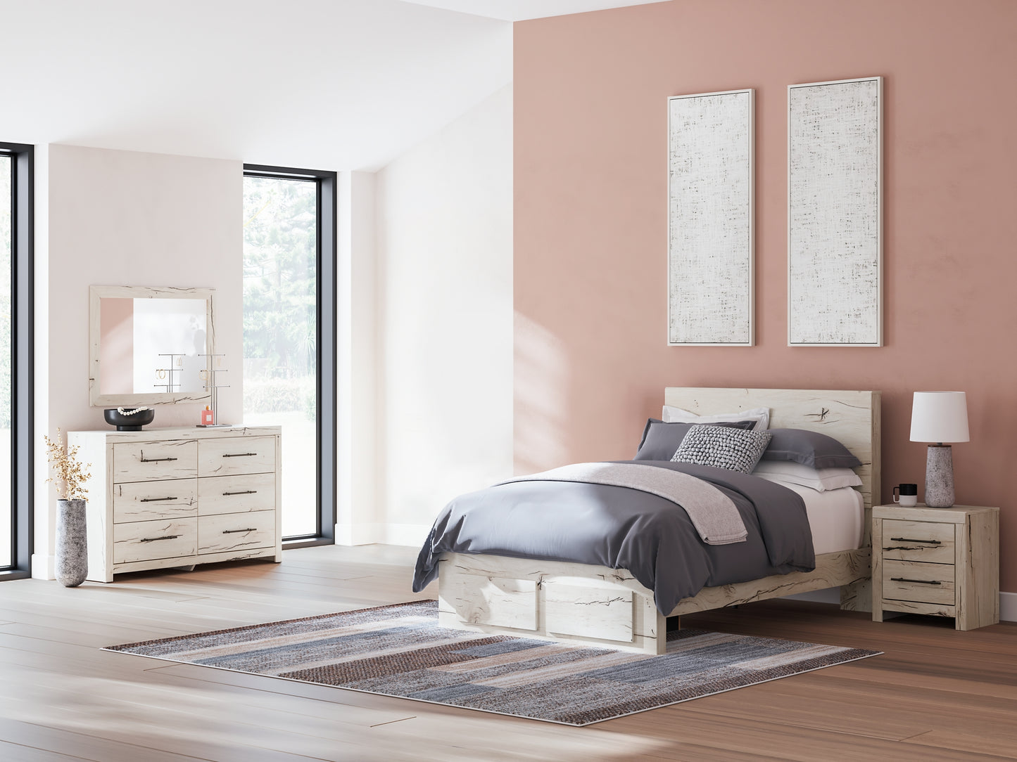 Full Panel Storage Bed with Mirrored Dresser and Nightstand