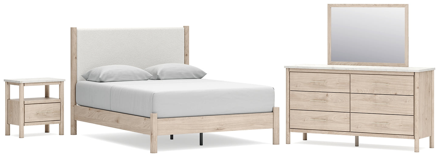 Queen Upholstered Panel Bed with Mirrored Dresser and Nightstand