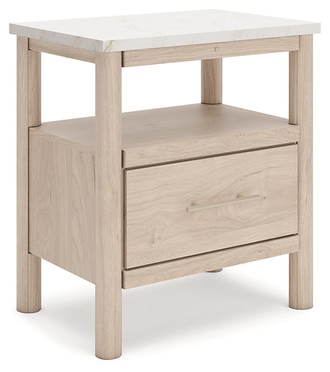 Queen Upholstered Panel Bed with Mirrored Dresser and Nightstand