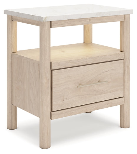 Queen Upholstered Panel Bed with Mirrored Dresser and Nightstand