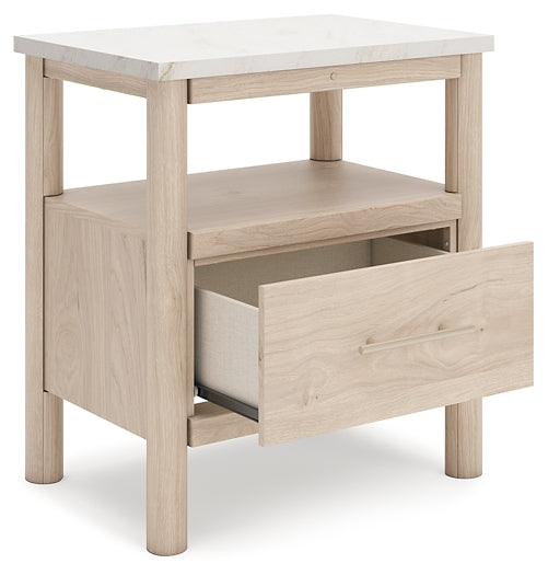 Queen Upholstered Panel Bed with Mirrored Dresser and Nightstand
