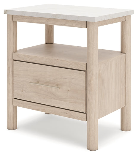 Queen Upholstered Panel Bed with Mirrored Dresser and Nightstand