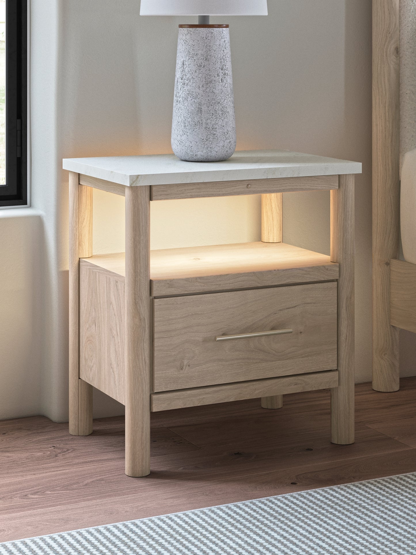 Queen Upholstered Panel Bed with Mirrored Dresser and Nightstand
