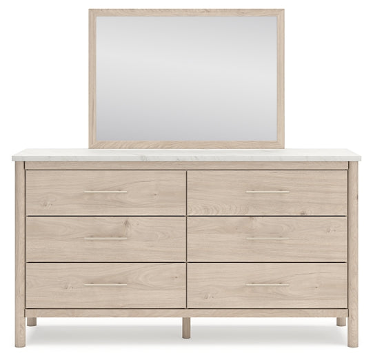 Queen Upholstered Panel Bed with Mirrored Dresser and Chest