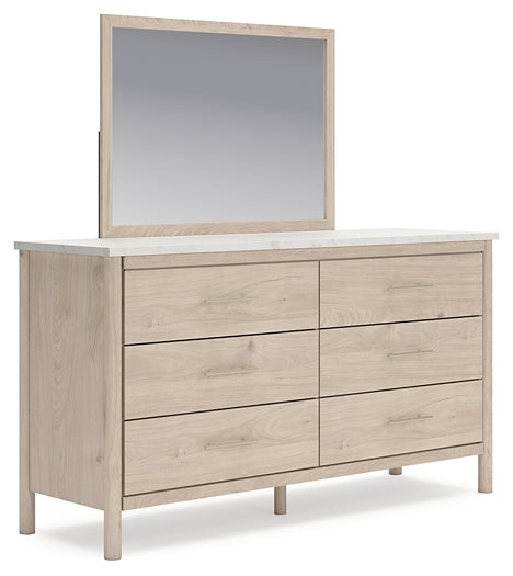 Queen Upholstered Panel Bed with Mirrored Dresser and Chest