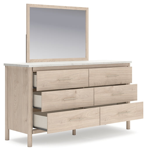 Queen Upholstered Panel Bed with Mirrored Dresser and Chest