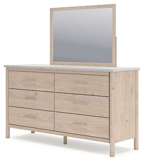 Queen Upholstered Panel Bed with Mirrored Dresser and Chest