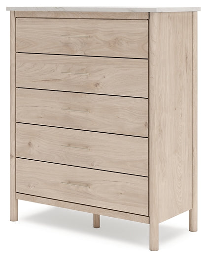 Queen Upholstered Panel Bed with Mirrored Dresser and Chest