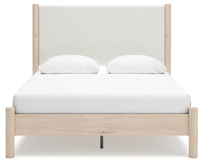 Queen Upholstered Panel Bed with Mirrored Dresser and Chest