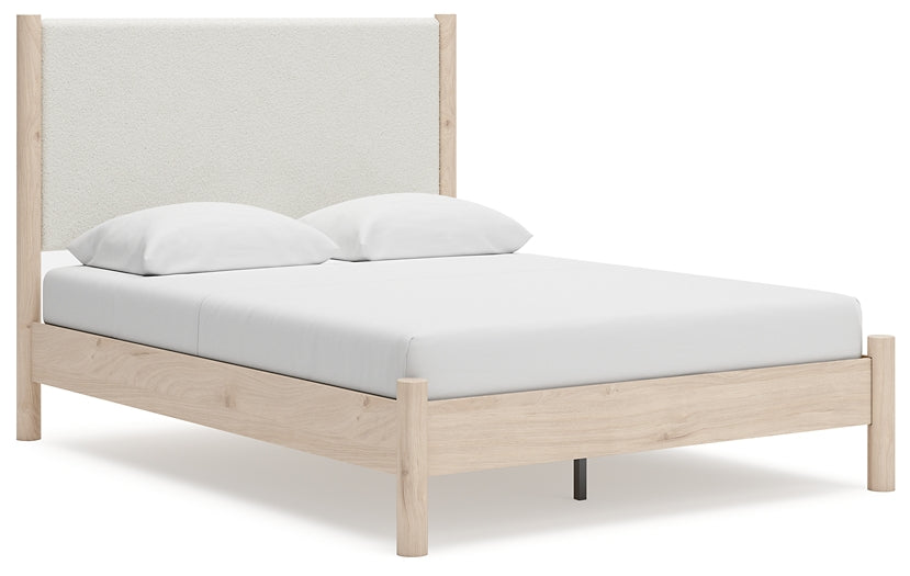 Queen Upholstered Panel Bed with Mirrored Dresser and Chest