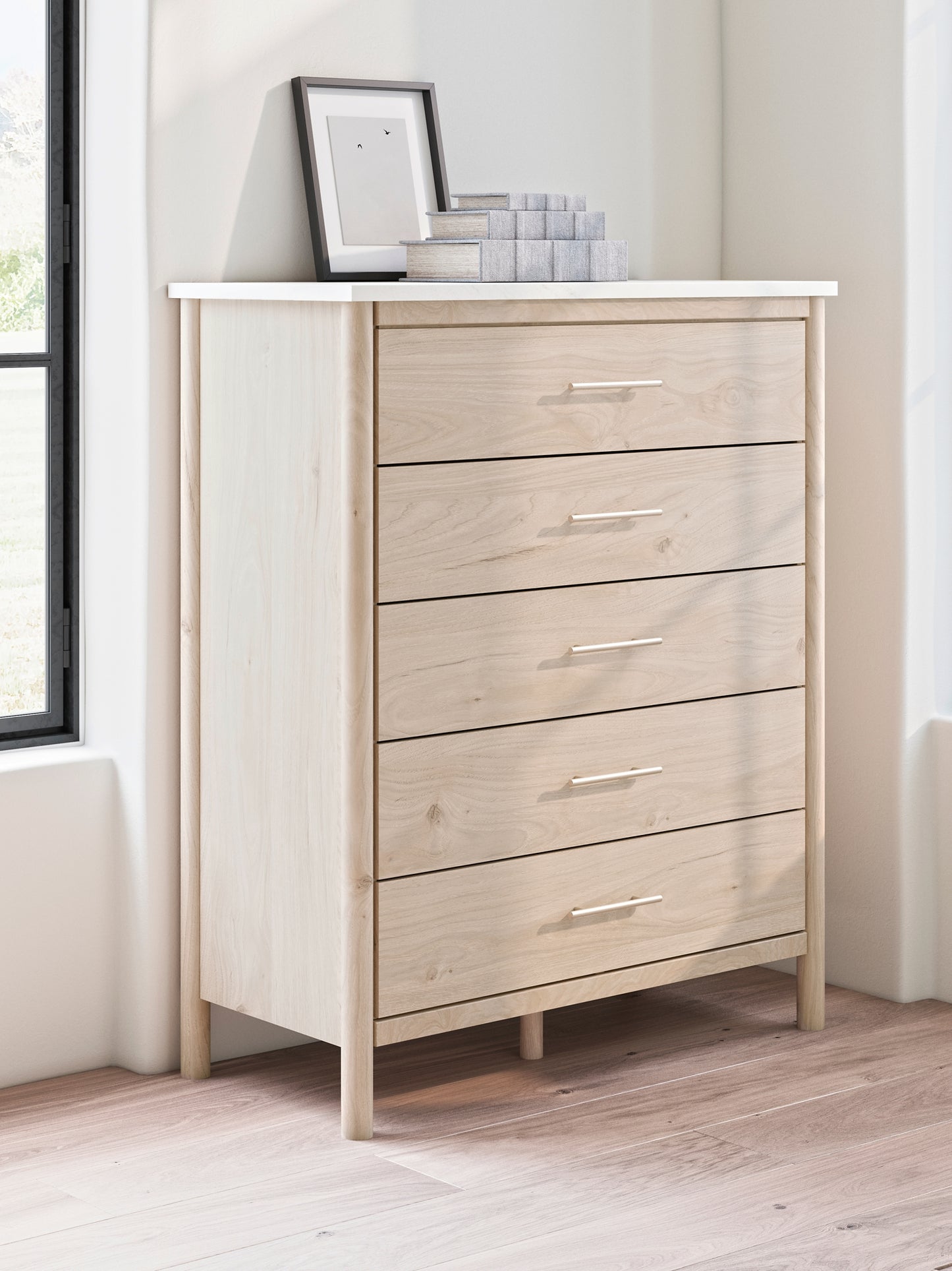 Queen Upholstered Panel Bed with Mirrored Dresser and Chest