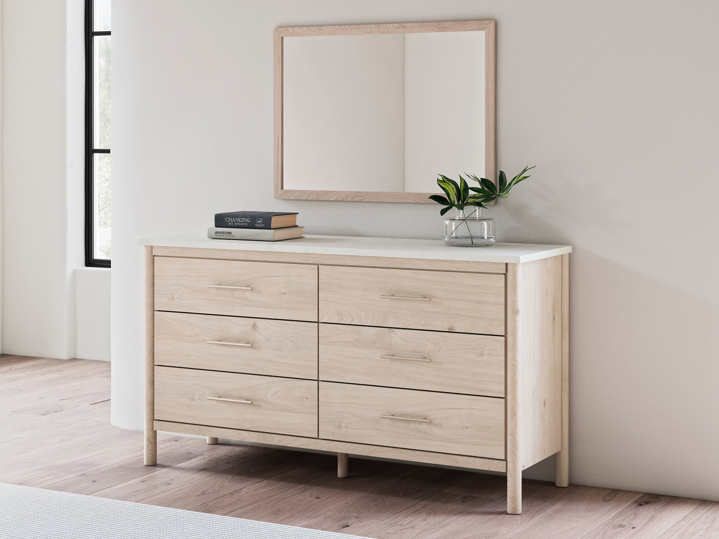 Queen Upholstered Panel Bed with Mirrored Dresser and Chest