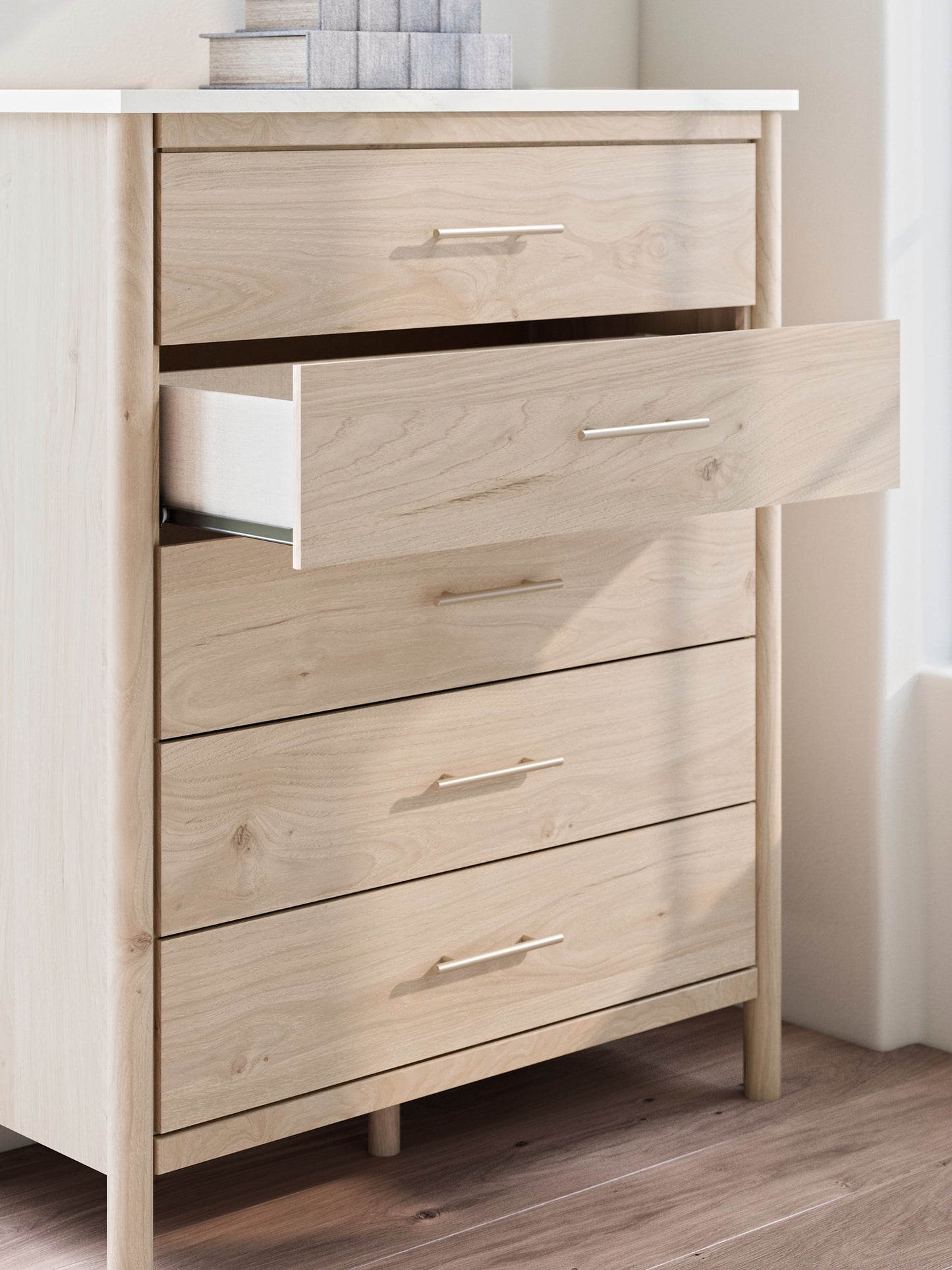 Queen Upholstered Panel Bed with Mirrored Dresser and Chest