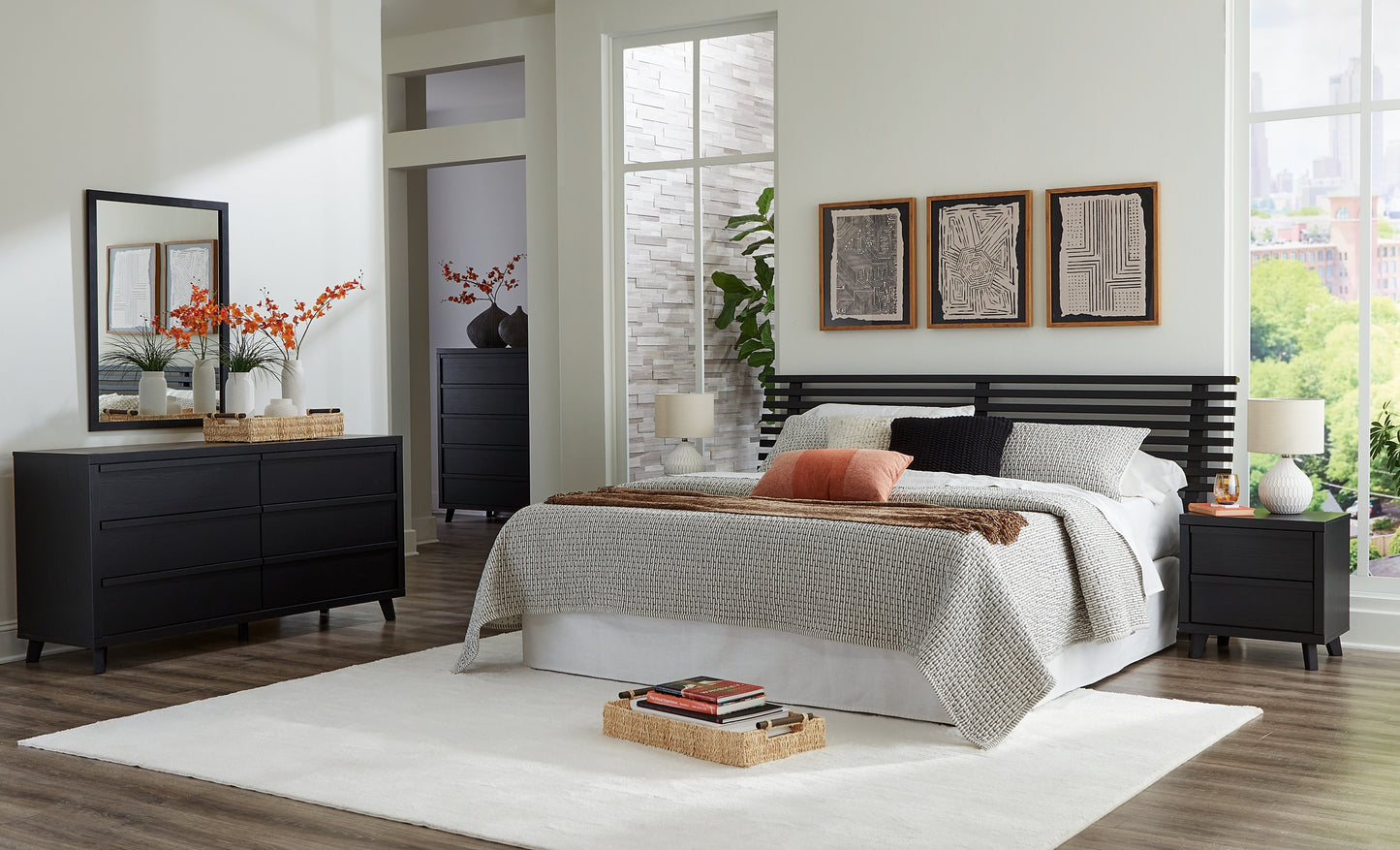 Danziar Queen Panel Headboard with Mirrored Dresser, Chest and Nightstand
