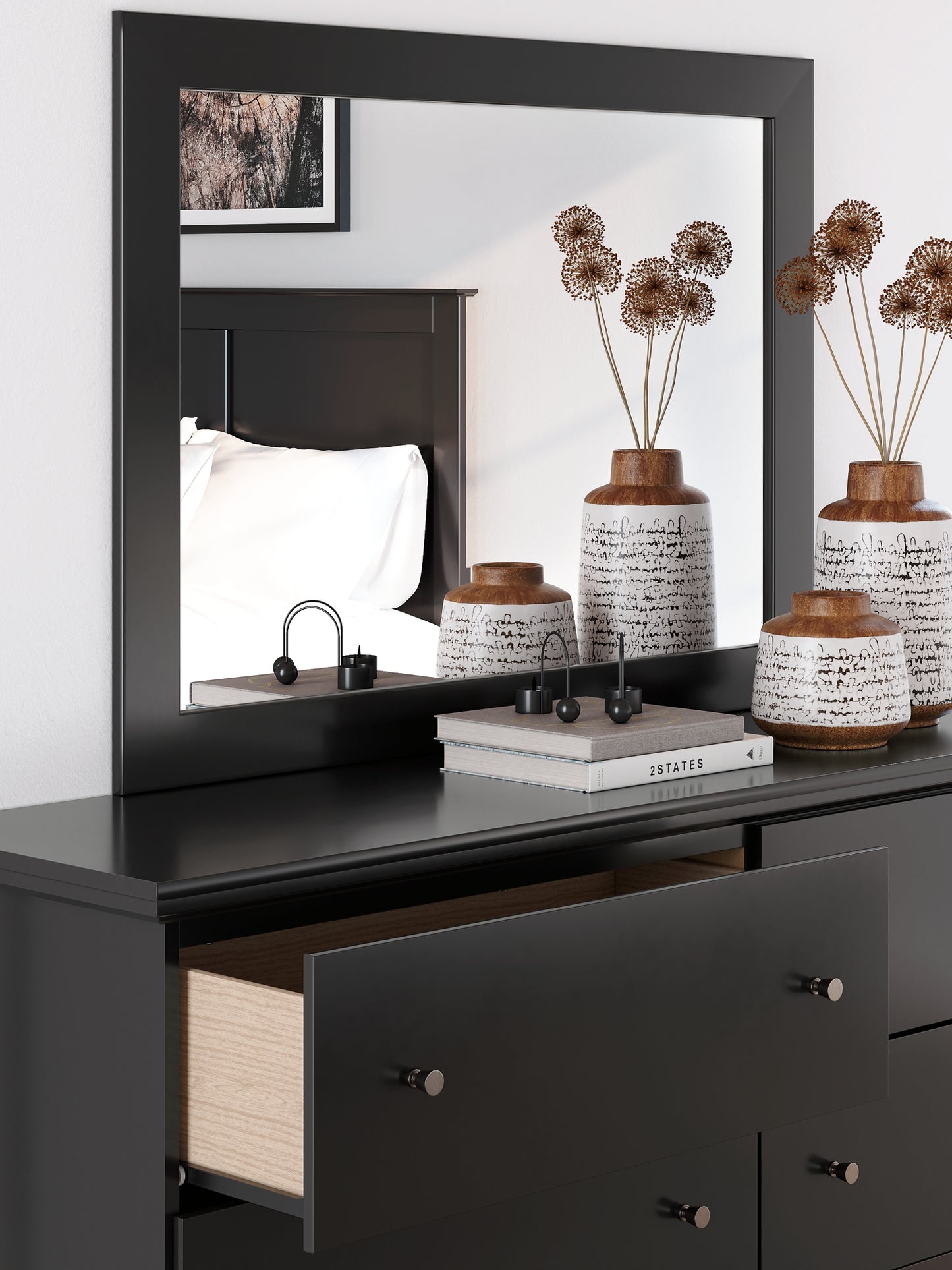 Queen Panel Bed with Mirrored Dresser, Chest and Nightstand