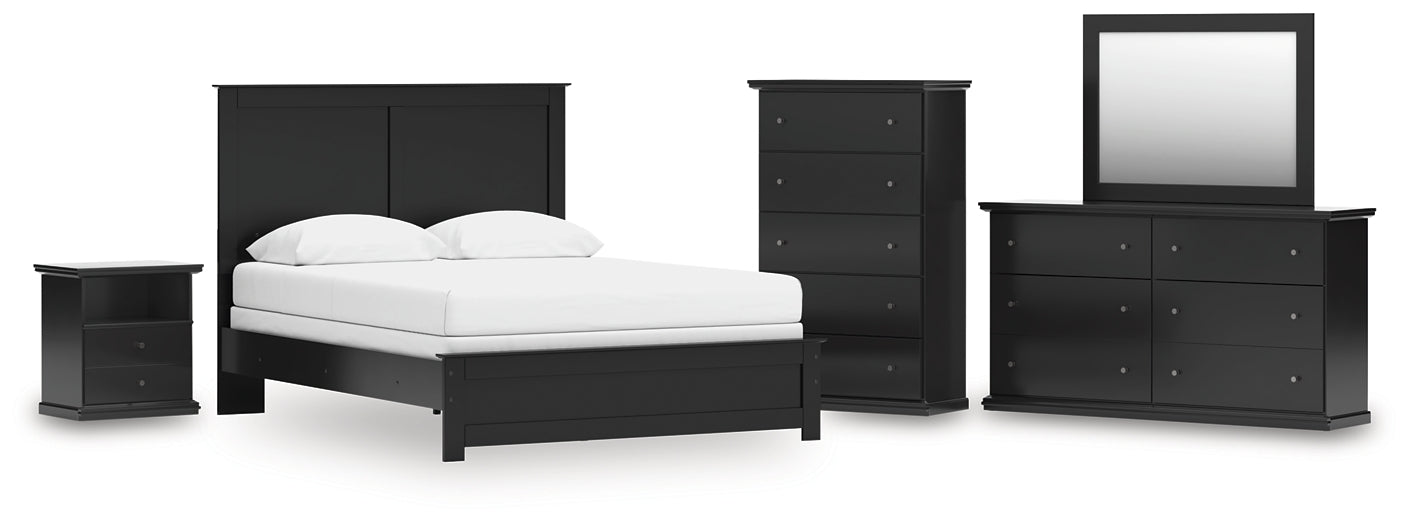 Queen Panel Bed with Mirrored Dresser, Chest and Nightstand