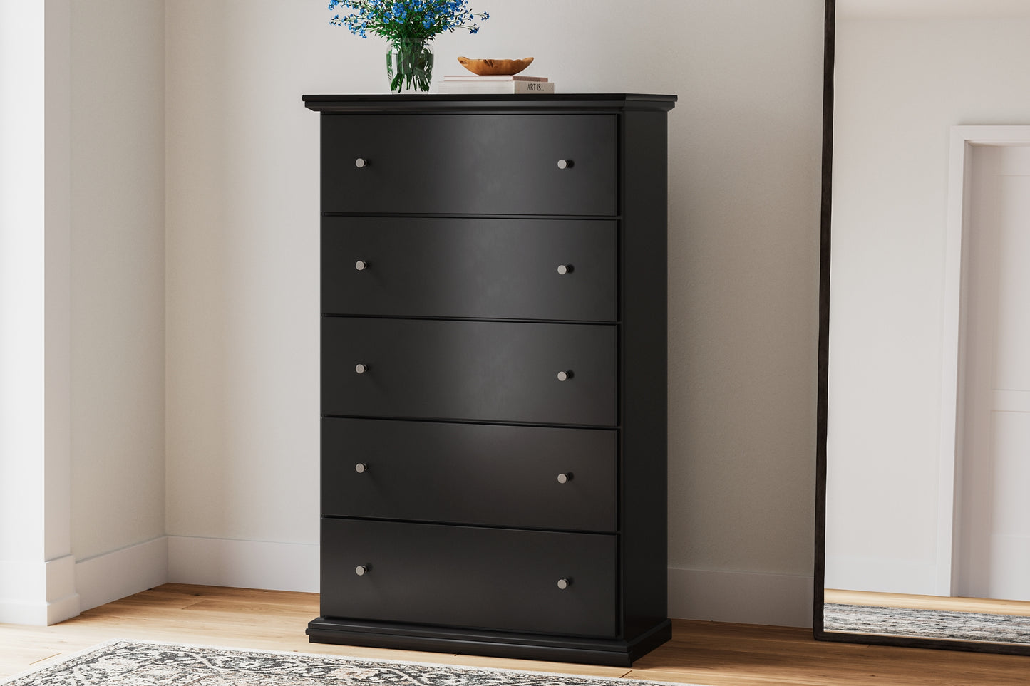 Queen Panel Bed with Mirrored Dresser, Chest and Nightstand