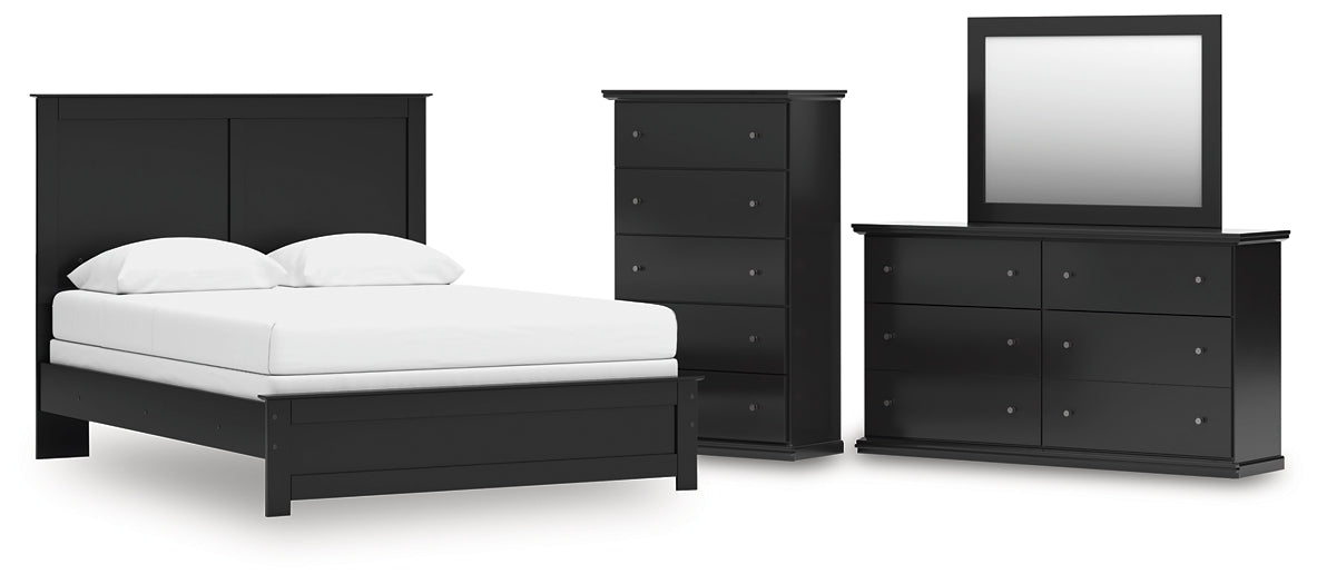 Queen Panel Bed with Mirrored Dresser and Chest