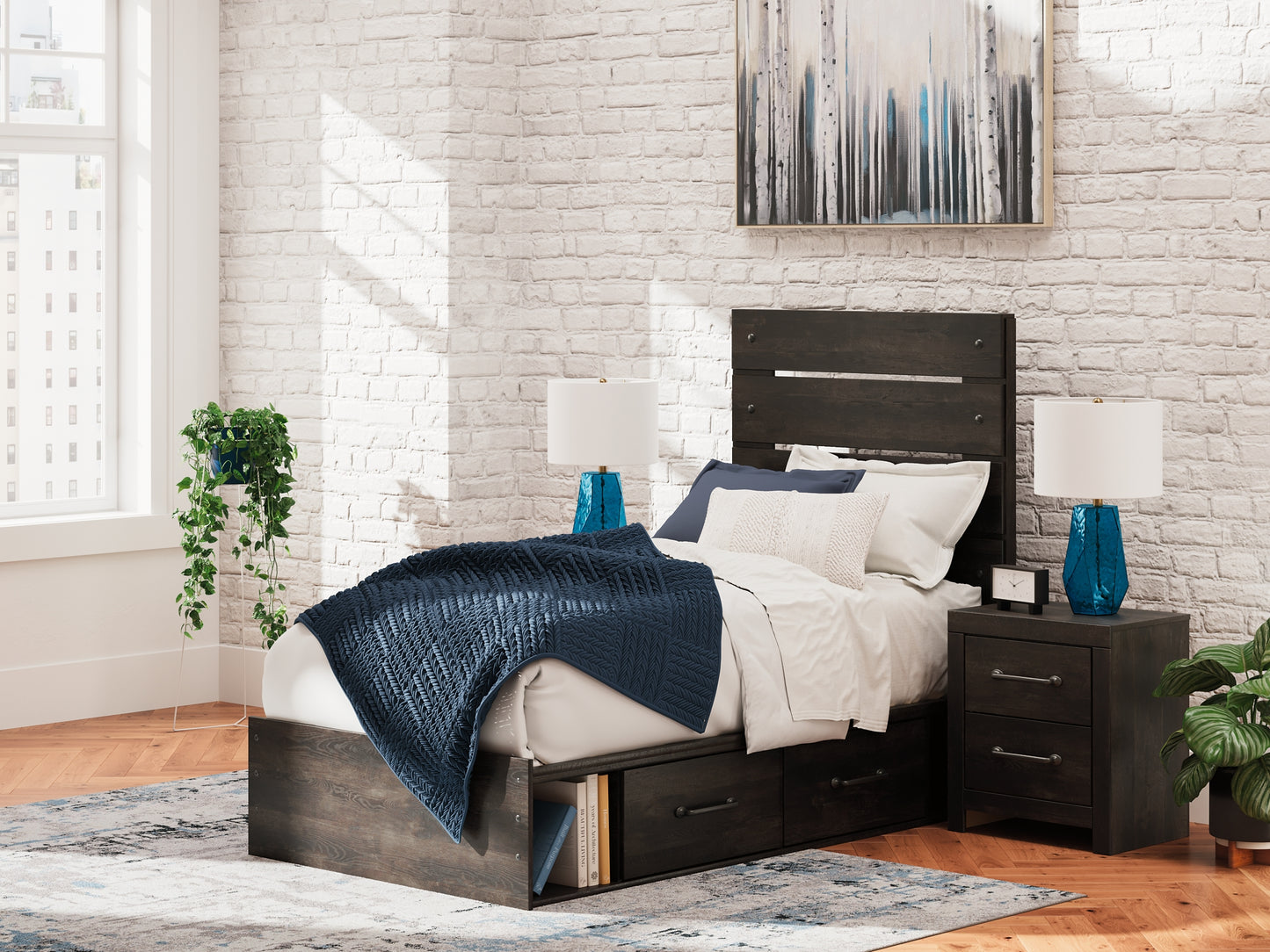 Hollivern Twin Panel Storage Bed with Mirrored Dresser