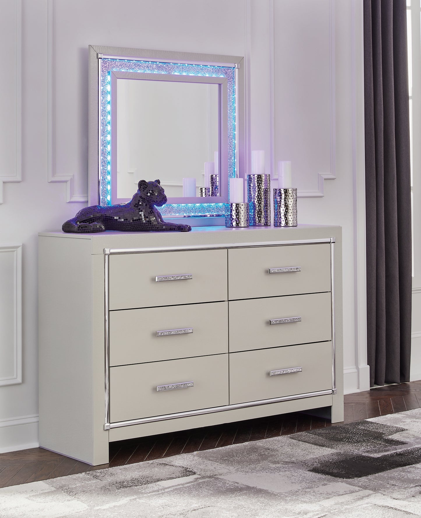 Zyniden Full Upholstered Panel Bed with Mirrored Dresser, Chest and Nightstand
