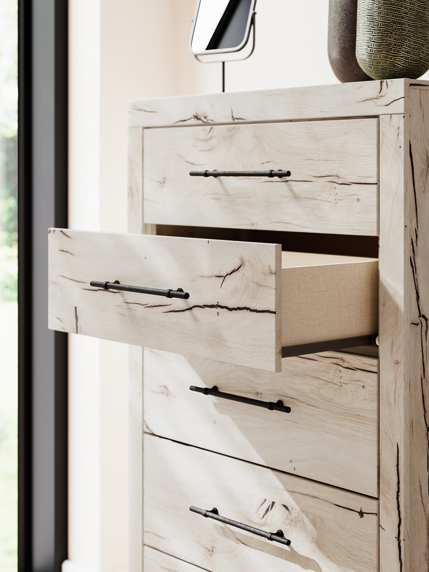 King Panel Headboard with Mirrored Dresser, Chest and Nightstand