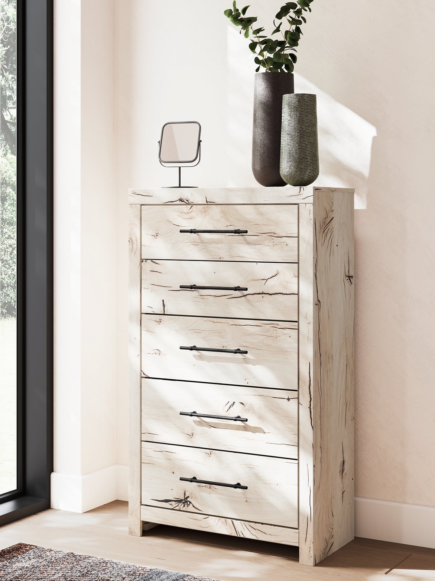 Twin Panel Headboard with Mirrored Dresser, Chest and Nightstand
