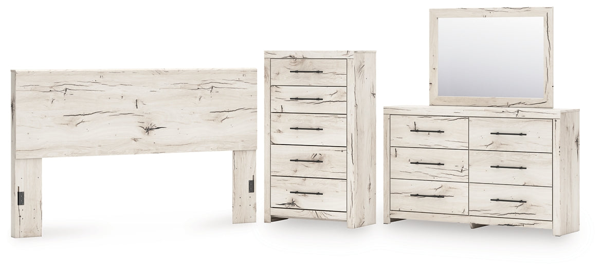 King Panel Headboard with Mirrored Dresser and Chest
