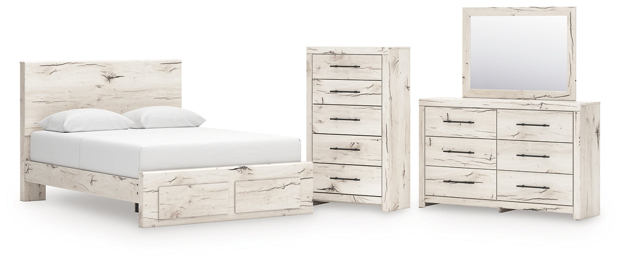 Queen Panel Storage Bed with Mirrored Dresser and Chest