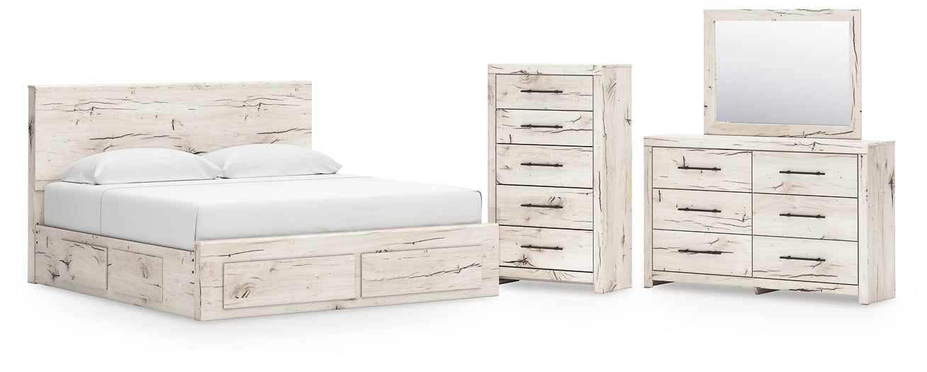 King Panel Storage Bed with Mirrored Dresser and Chest